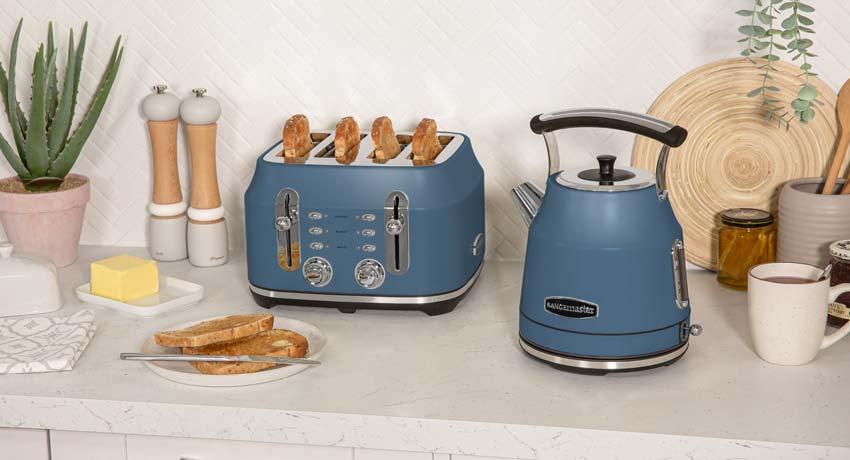 stone blue kettle and toaster