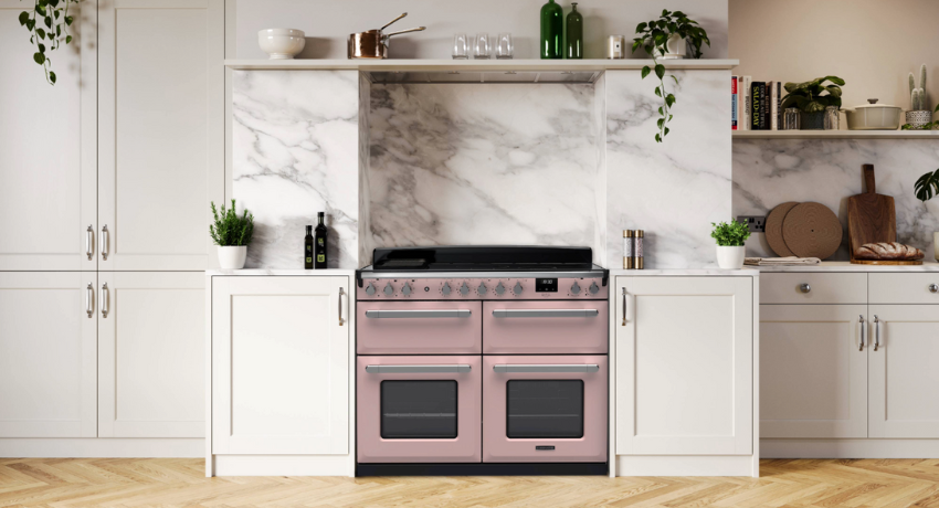 Rangemaster Estel Deluxe 110 induction in Pale Pink with Chrome trim