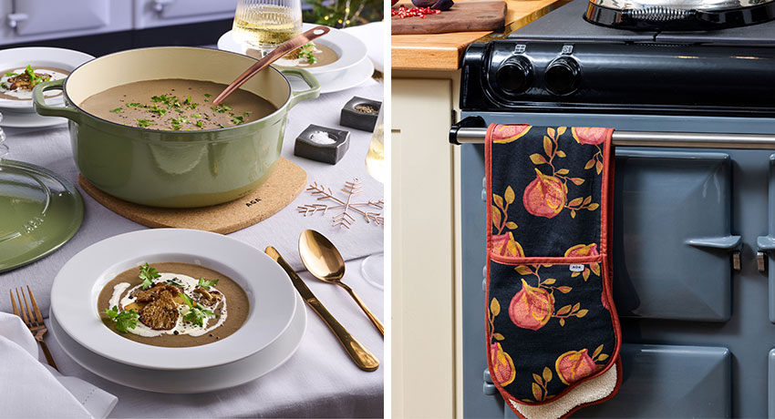 AGA Cookshop cast-iron and pomegranate textiles 