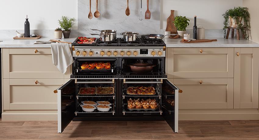 Rangemaster Arina 110cm in White with open oven doors 