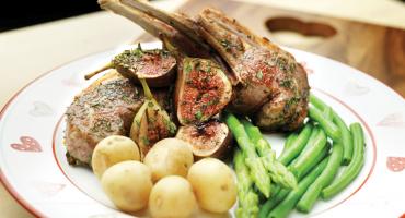 Lamb Chops with Fresh Herbs and Roasted Figs Green Beans Asparagus and New Potatoes