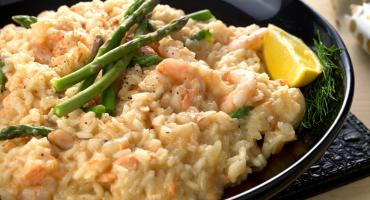 Prawn and Hot-Smoked Salmon Risotto with Asparagus